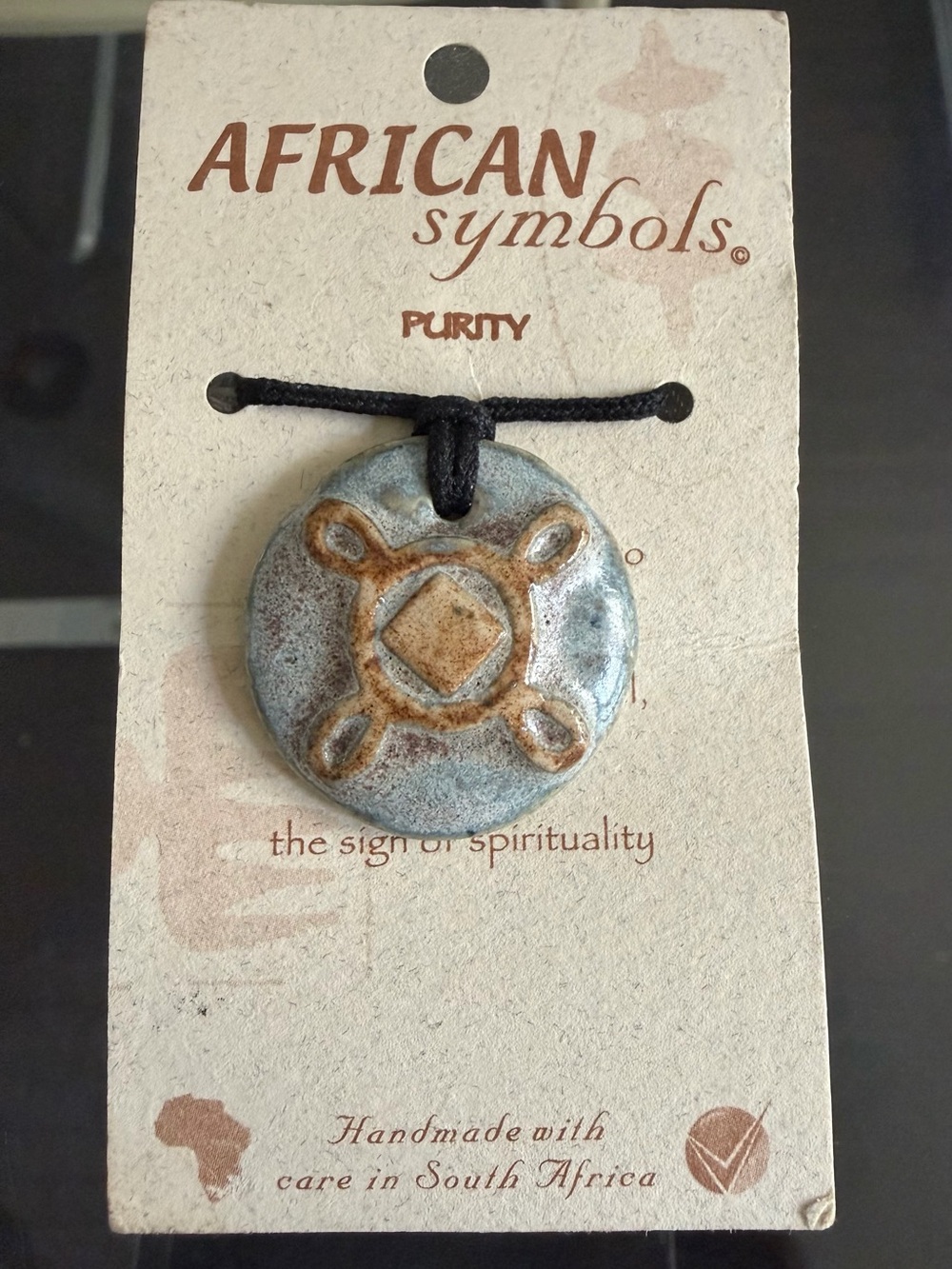 African Symbols Handmade Ceramic Purity & Spirituality Pendant Necklace NWT